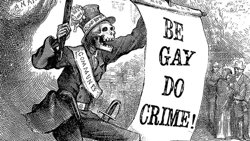 skeleton in top hat holding be gay do crime poster
